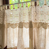 Rustic Cutout Lace Splicing Curtain with Tab Top Imitation Hemp Vintage Farmhouse Curtain Kitchen Window Half Curtain