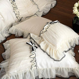 Popxstar  Romantic Lace Ruffles Bow Wedding Bedding Set 800TC Lyocell Silky Cooling Duvet Cover Flat/Fitted Bed Sheet Pillowcases 4Pcs