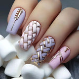 Popxstar 24Pcs Short Purple False Nails Leaf with French Design Gold Foil Wearable Fake Nails Coffin Ballet Full Cover Press on Nail Tips