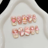 Popxstar  10pcs Pink Handmade Fake Nail Tips Cute Bear Bow Design Nails Art French Mid-length Square False Nail Wearable Press on Nails