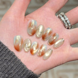 10pcs Cute Cat Eye Fake Nails Spring Simple Press on Nails Removable Hand Drawn Heart Star Moon False Nails Short Oval Nail Art
