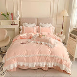 Popxstar Pink Lace Bedspread Bedding Set King Size Luxury Princess Duvet Cover Bed Sheet Girls Gift Bedclothes Cotton Home Textile