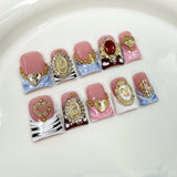 10pcs Duck Bill Press on Nails Sweet Cool French Fake Nails Patch 3D Black Flower Stick on Nails Metal Pearl Vintage False Nail