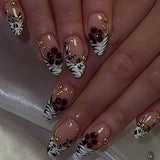 Popxstar  24pcs Long Almond Fake Nails Tips Leopard Print Design French False Nail Art Ins Flower Pink Press on Nails Finished Manicure