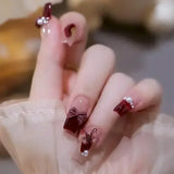 Popxstar 24Pcs Three-dimensional Love Heart False Nails with French Design Long Coffin Wearable Fake Nails Rhinestone Press on Nails Tips