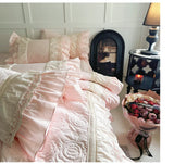 Popxstar  Rose Embossing Quilted Duvet Cover Set Vintage Lace Ruffles Pure Cotton Bedding Set Bed Sheet/Bed Skirt/Fitted Sheet Pillowcases