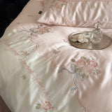 Popxstar  600TC Lyocell Bamboo Fiber Soft Silky Bedding Set Pink Flowers Embroidery Duvet Cover Flat/Fitted Bed Sheet Pillowcases 3/4Pcs