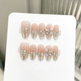 Popxstar  10pcs Cat's Eye Handmade Fake Nail Art Spring Summer Mid-length Oval False Nails Tips Purple Flower Pearl Design Press on Nails