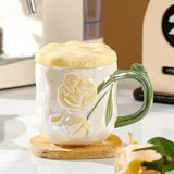 Popxstar  Ceramic Mug Relief Rose Flower Coffee Milk Cup Tea Cup Ins Style Hand-painted Design Couple Girl Romantic Drinkware Mug Gift