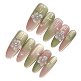 Popxstar  Gradient Pink/Green Fake Nails 10Pcs Handmade Press On Nails 3D Flower Designs Long Almond False Nails Patches for Manicure