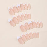 Popxstar  White French Style Fake Nails Nude Color Almond Press on Nails 3D Bowknot Designs Elegant Wedding Wearable Manicure for Woman