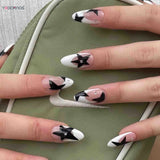 popxstar French White Tips Almond False Nails Y2K Black Star Designs Charm Fake Nail Full Cover Ballet Press on Nails Artificial Manicure