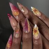 Popxstar 24pcs White Flower Fake Nail Tips Ins Yellow Pink Blush False Nails Wearable Full Cover European Almond Shaped Press on Nails