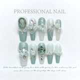 Popxstar 10Pcs Set Blue Handmade Press On Nails Snowflakes Ballet with Rhinestones False Nails Decoration Manicure Fake Nails Tips Art