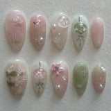 Popxstar 24pcs Short Almond Press on False Nails Flower Pink Gradient Pearl Design Fake Nails Bow Fashion Ins Datachable Manicure Tips