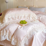 Popxstar  Vintage Jacquard Lace Ruffles Wedding Bedding Set Lyocell Cotton Soft Silky Duvet Cover Set Bed Sheet Fitted Sheet Pillowcases