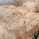 Popxstar  3/4Pcs Korean Princess Style Floral Lace Ruffle 100% Cotton Bedding Set Duvet Cover Bed Skirt/Bed Sheet/Fitted Sheet Pillowcases