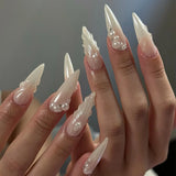 Popxstar 24pcs Long Stiletto Press on Nails Hot Girl Almond False Nails Nude Flower Rhinestones Full Cover Fake Nail Finished Manicure