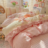 3/4Pcs Bedding Set French Princess Lace Sweet And Creamy Style Cotton Duvet Cover Pink Twice Bed Linen With Ruffles Pillowcase