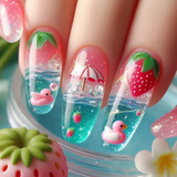 Popxstar  24pcs Strawberry Pink Duck False Nails Tip Summer Day Long Almond Press on Nails Art with Ocean French Design Fake Nail Finished