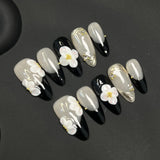 Popxstar  10Pcs Handmade Press On Nails Simple DIY Manicure Almond Black French Tips Fake Nails 3D White Flower Designs False Nails Art