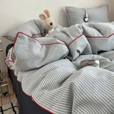 Cotton Double Gauze Bedding Sets Striped Grinkled Muslin Duvet Cover Bed Flat Sheet Pillowcases Bed Linens Students Bedroom