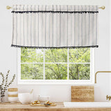 Popxstar Blue Striped Cotton Linen Texture Short Curtains Translucent Short Curtains With Hairball Tassels for Kitchen, Café, Restaurant