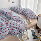 Popxstar  Simple Style Red And Blue Strip Duvet Cover Set Bed Sheet Set Washed Cotton Bedding Set