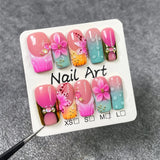 Popxstar  10pcs French Gradient Handmade Fake Nails Flower Rhinestone Design Spicy Girl Mid-length Square False Nails Tips Press on Nails