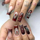 Popxstar  Gradient Black Red Halloween Fake Nails Long Coffin French Style Press on Nails 3D Spider Designs Y2K Punk Fashion False Nail
