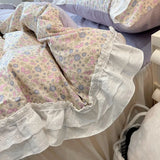 Popxstar Romantic 100%Cotton Twin Bedding Elegant Pink Purple Floral Duvet Cover Set White Lace Ruffle 1.2/1.5/1.8m Bedskirt Pillowcases