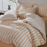 4Pcs Washed Microfiber Vertical striped colorful Bedding Set, Sweet Style Soft Duvet Cover with Zipper Flat Sheet Pillowcases