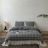 Popxstar  Vintage Black White Plaid Style Lace Ruffles 100% Cotton Double Yarn Soft Bedding Set Duvet Cover Bed Skirt Pillowcases 4Pcs