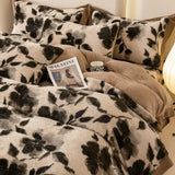 Flower Winter 4pcs Bedding Sets Fleece Warm Quilt Cover Bedspread for Women Bedroom Thickened and Weighted