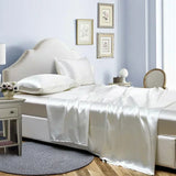 Popxstar Luxury Satin Fabric Queen Size Bed Sheets Set King High Quality Fitted Sheet Flat Sheet Pillowcase Solid Bed Set Bedsheet Sets
