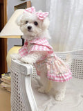 1 Set Printed Rabbit Check Patterned Peter Pan Collar Dress+Bow-Tie Pet Clothes