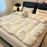 3/4Pcs Bedding Set Bed Sheets Full Set 100% Cotton Checkered Bow Pink Duvet Cover Cute Core Princess Bedding Four-Season