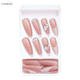 Popxstar  French Fake Nails Stick-on Long Ballet Pink False Nails with Rhinestone Designs Full Cover Acrylic Press on Nails for Women Girl