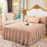 Popxstar shabby chic New 3 Layers Bed Skirt Lace Ruffled Bed Skirt Couvre Lit Bedroom Bed Cover Bed Skirt Non-slip Mattress Cover Bedsheet Bedspread