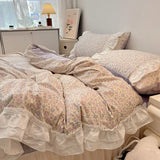 Popxstar Romantic 100%Cotton Twin Bedding Elegant Pink Purple Floral Duvet Cover Set White Lace Ruffle 1.2/1.5/1.8m Bedskirt Pillowcases