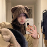 Popxstar Cute Girl Knit Ear Protection Hat Bear Women Earmuffs Cap Woolen Crochet Bonnet Solid Color Hood Beanies Winter Warm Headgear