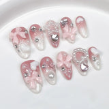 Popxstar 10Pcs Pink Almond Handmade Press on Nails Bow Fake Nails with Rhinestone Decoration Wearable Stick-on Nails False Nail 네일팁