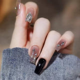 Popxstar 24pcs Long Ballet Coffin Wearable Dark Black Star French False Nails Full Cover Rhinestones Fake Nails Set Press On Nail Tips