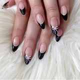 Popxstar  Y2K Girls Fake Nails Black French Tip Almond Press on Nails Pink Bowknot Design Korean Charm False Nail Women DIY Manicure 24Pcs