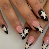 popxstar French White Tips Almond False Nails Y2K Black Star Designs Charm Fake Nail Full Cover Ballet Press on Nails Artificial Manicure
