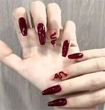 popxstar Long Ballet Press on Nails Red Rose Flower Designed Full Cover Fake Nails French Style Wearable False Nails Tips for Women
