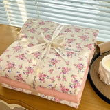 Popxstar  Ins floral print Bedding set knitted cotton Flat sheet set Four pieces duvet cover double layer-yarn 4Pcs lovely Fitted sheet