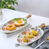 Popxstar  Butterfly Love Flower Series High Temperature Matte Glazed Wooden Handle Oval Steak Plate Western Food Plate Ceramic Plate