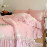 Popxstar  Elegant Lace Rose Embroidery Bedding Sets French Style Luxury 100% Cotton Pink Princess Ruffles Quilt Cover Bed Skirt Pillowcase