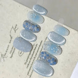 10pcs Short Almond False Nails Blue Gradient Fake Nails Hand Painted Flowers Pearl Stick on Nails Shiny Cat Eye  Press on Nail